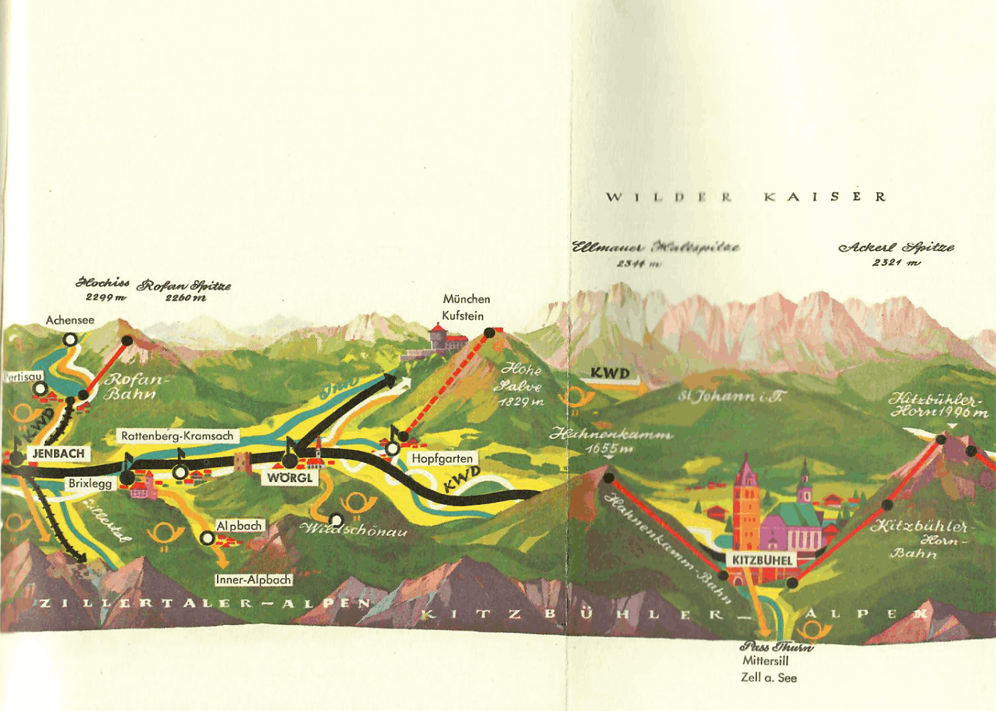 alte Straßenkarte von Jenbach nach Kitzbühel - Roller-Reisen in Österreich