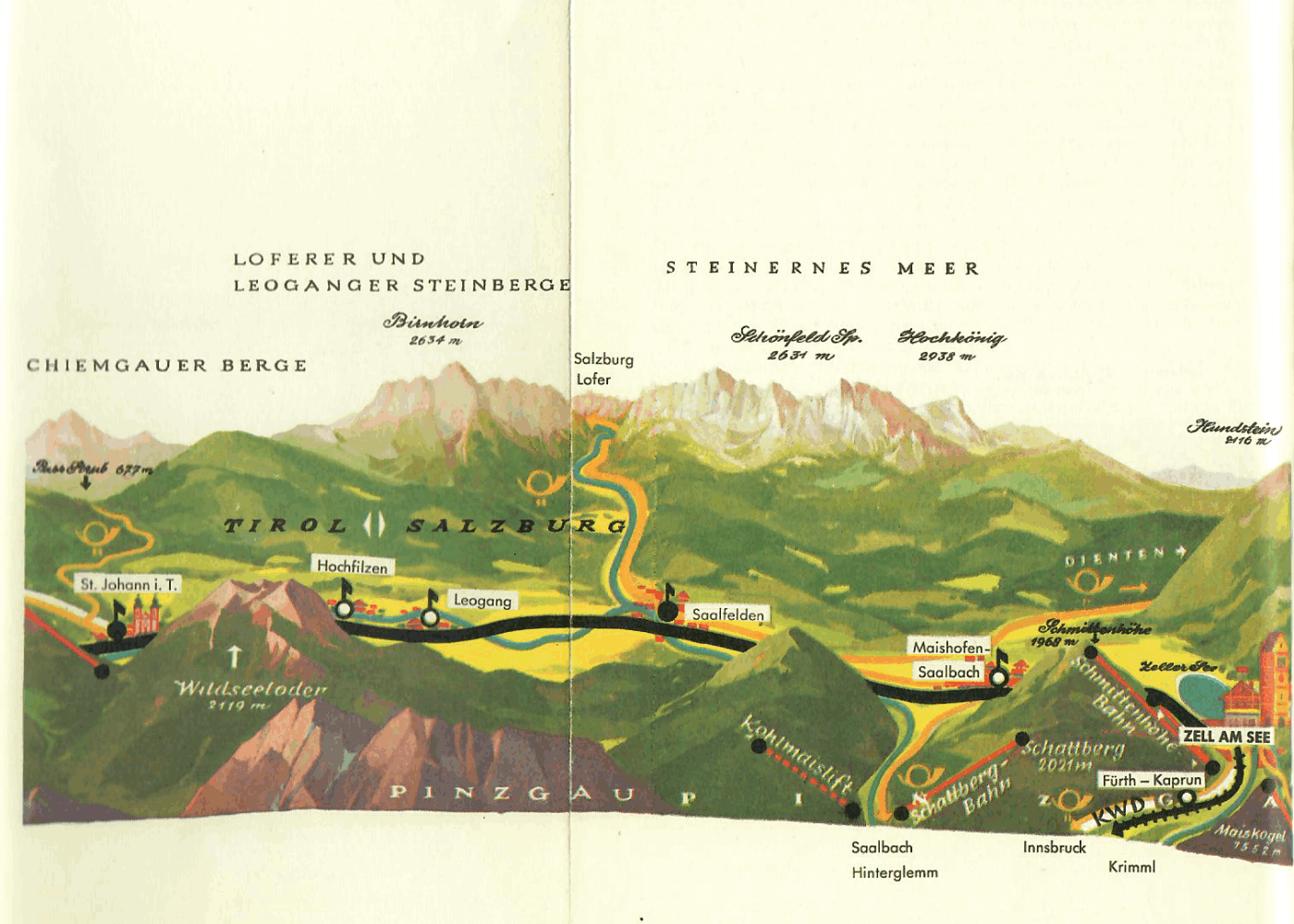 alte Straßenkarte von Kitzbühel nach Zell/See - Roller-Reisen in Österreich