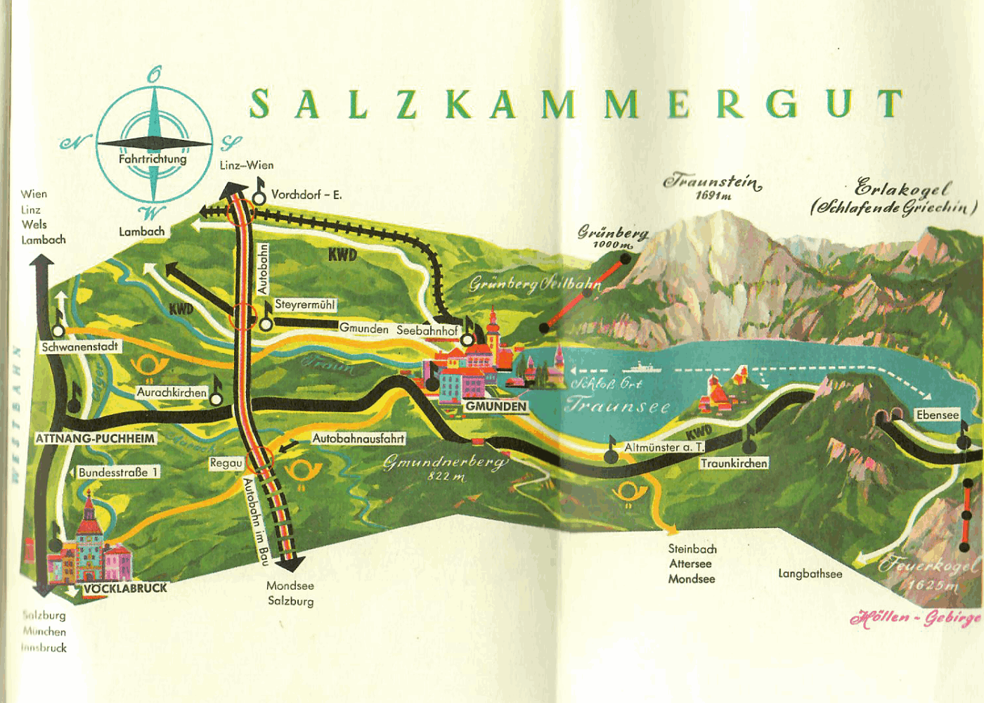 alte Landkarte vom Traunsee - Roller-Reisen in Österreich