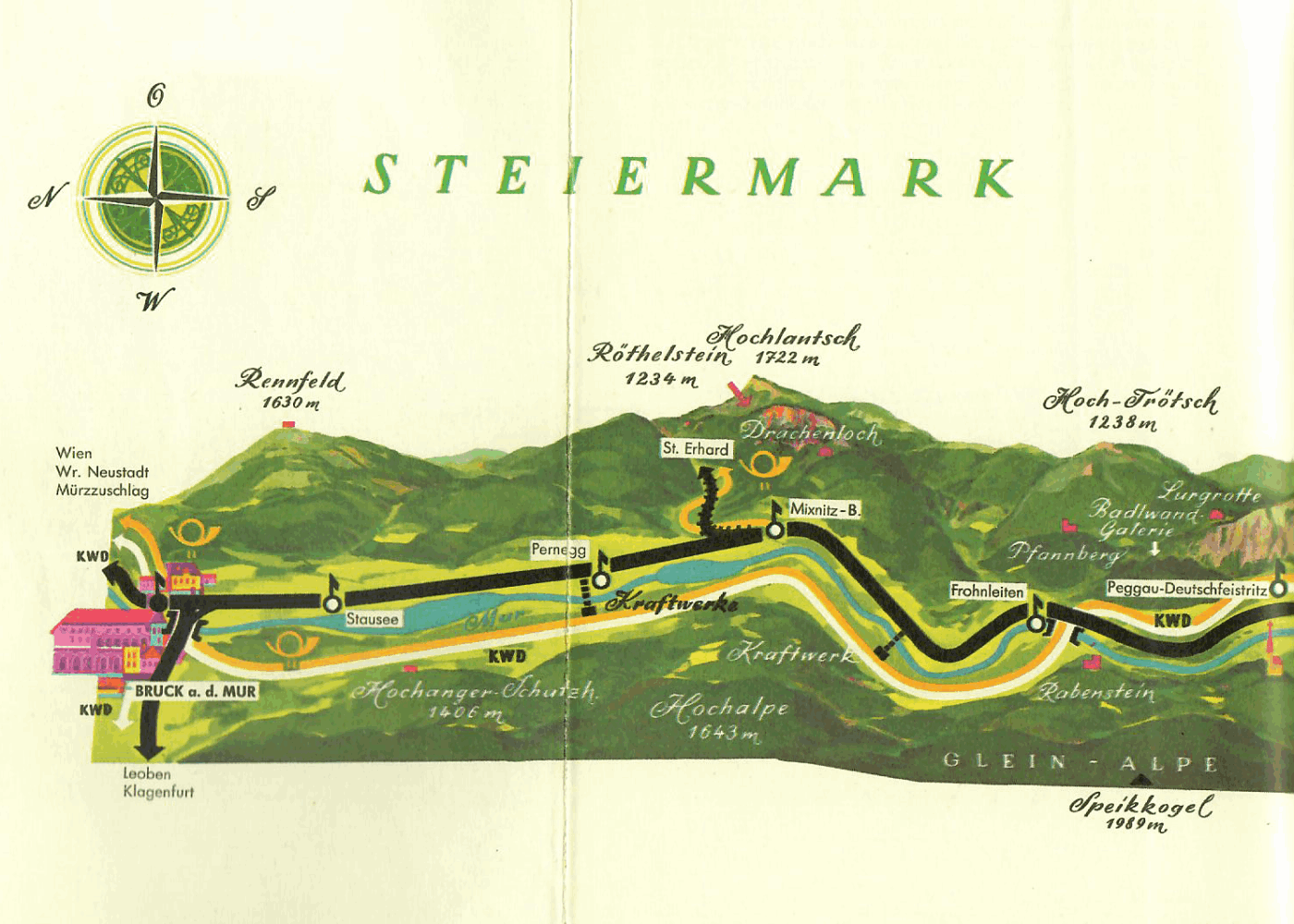 alte Landkarte von Bruck und Murtal - Roller-Reisen in Österreich