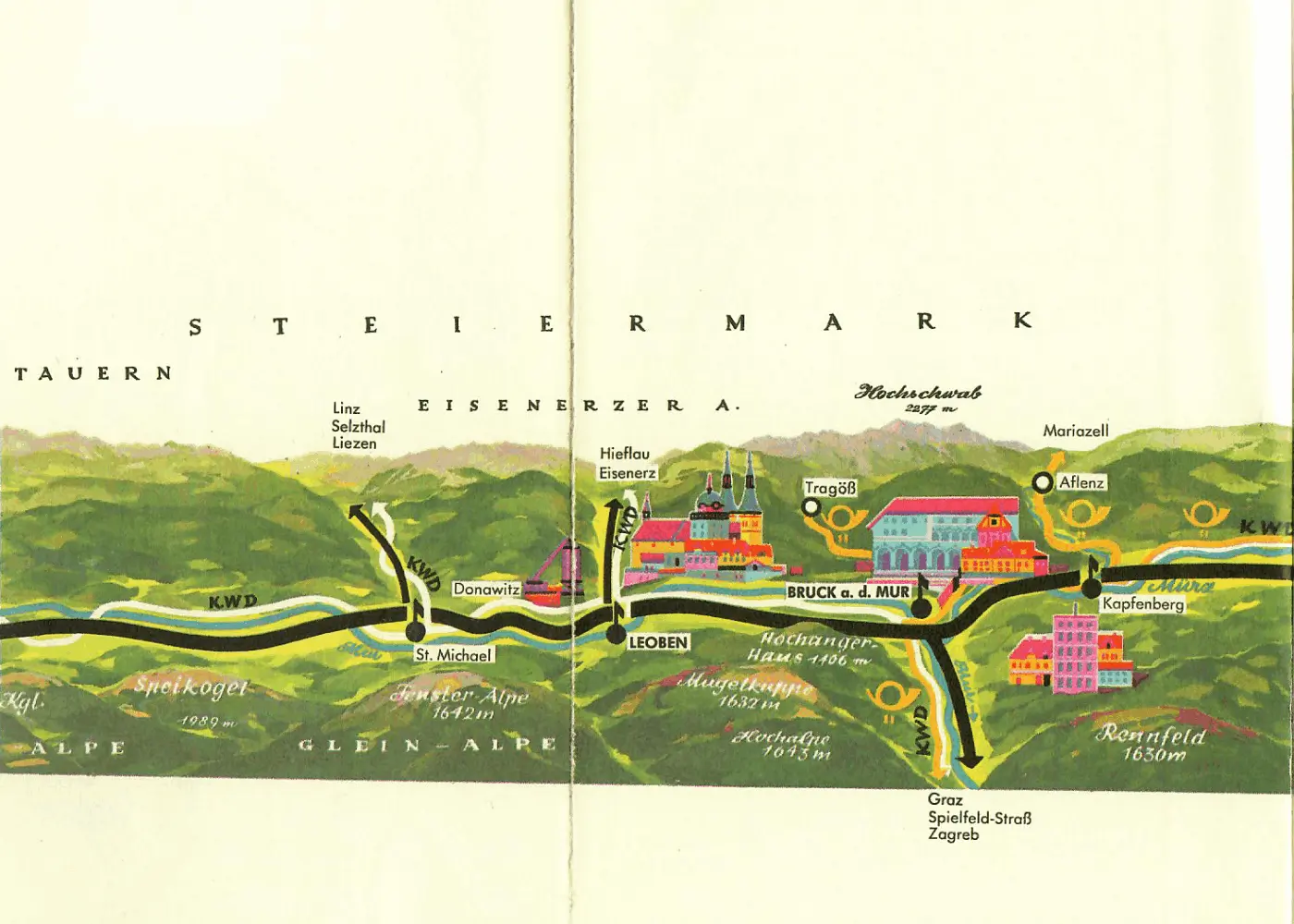 alte Landkarte von Bruck an der Mur - Roller-Reisen in Österreich